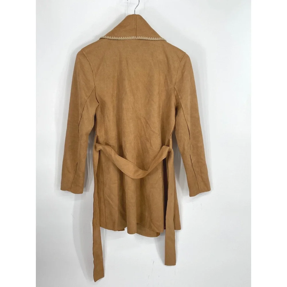 Cactus + Pearl Womens M Wrap Coat Tan Faux Suede Crochet Trim Belted Boho Flair